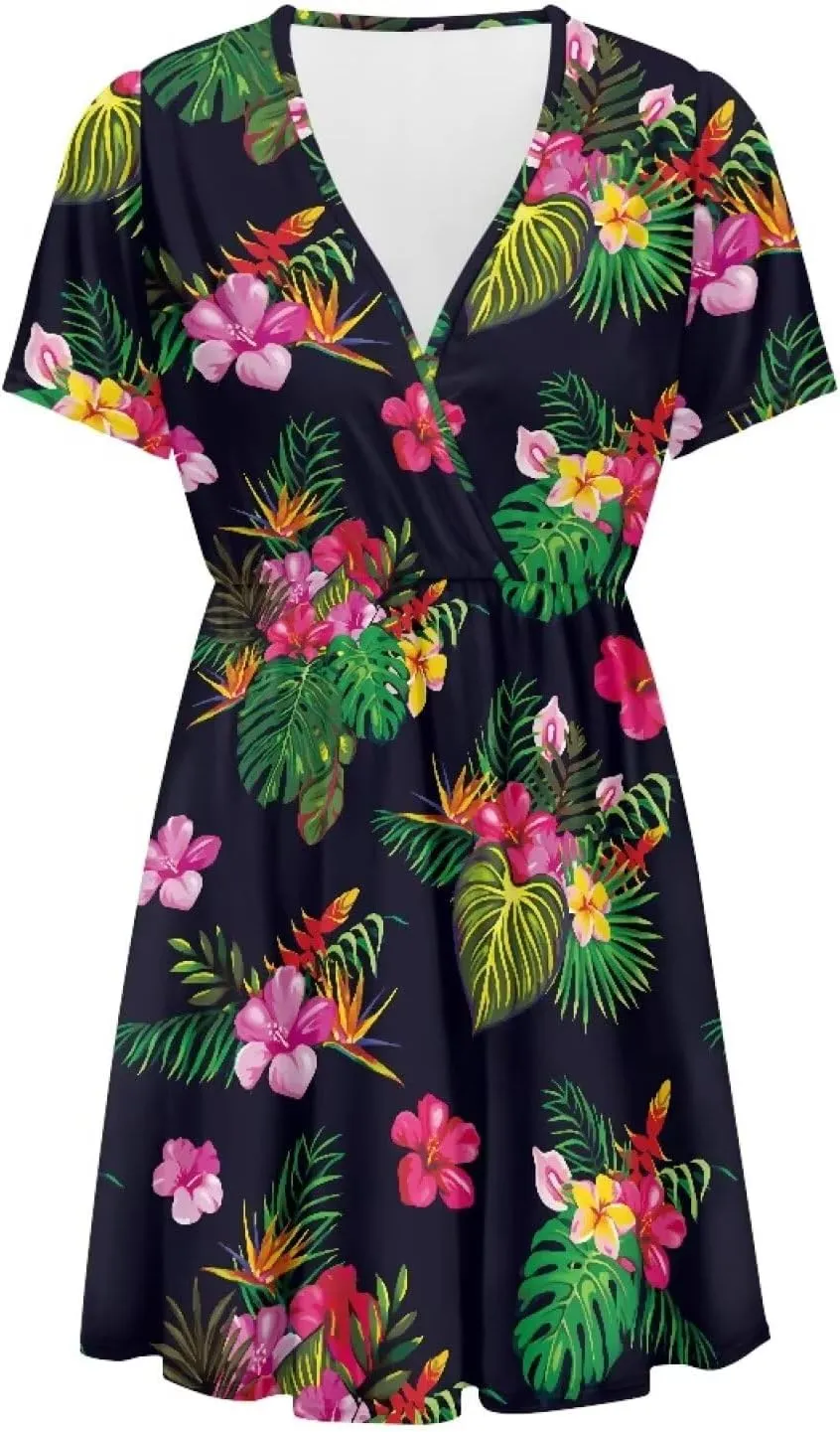 Women's Summer Ruched Wrap Dress Casual Short Sleeve V Neck Dress Ruffle Swing Summer Lightweight Dresses