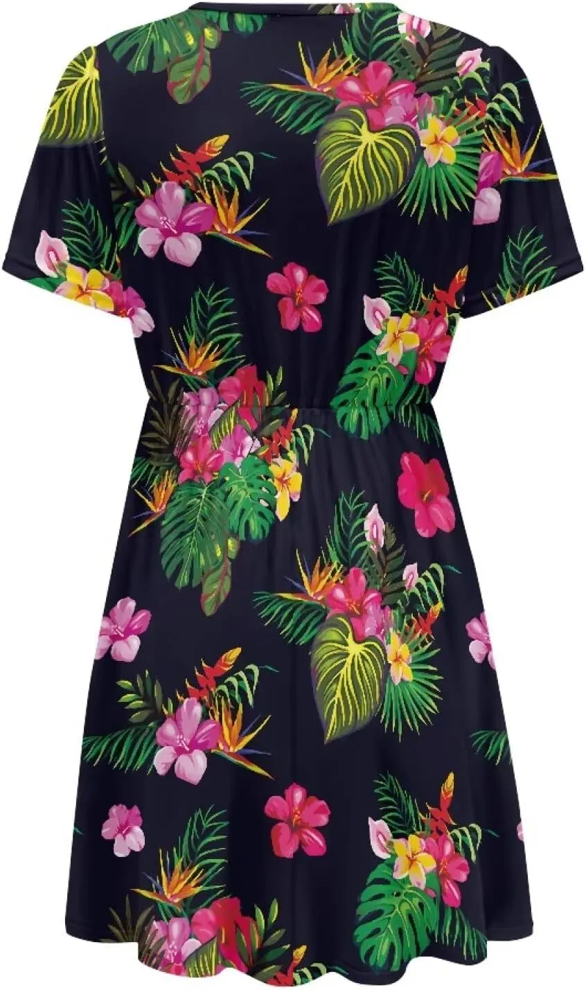 Women's Summer Ruched Wrap Dress Casual Short Sleeve V Neck Dress Ruffle Swing Summer Lightweight Dresses