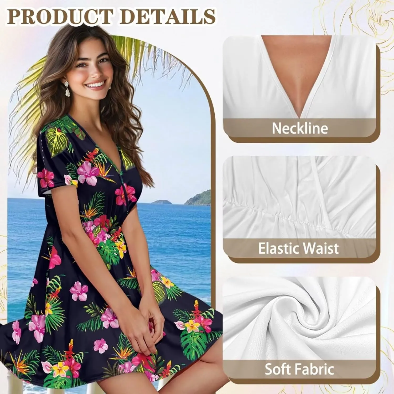 Women's Summer Ruched Wrap Dress Casual Short Sleeve V Neck Dress Ruffle Swing Summer Lightweight Dresses
