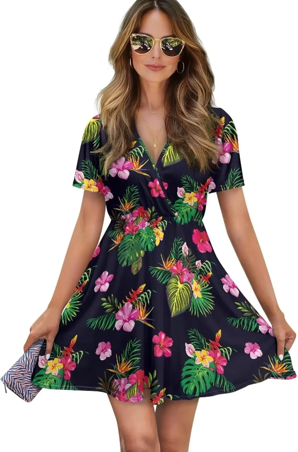 Women's Summer Ruched Wrap Dress Casual Short Sleeve V Neck Dress Ruffle Swing Summer Lightweight Dresses