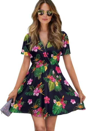 Women's Summer Ruched Wrap Dress Casual Short Sleeve V Neck Dress Ruffle Swing Summer Lightweight Dresses