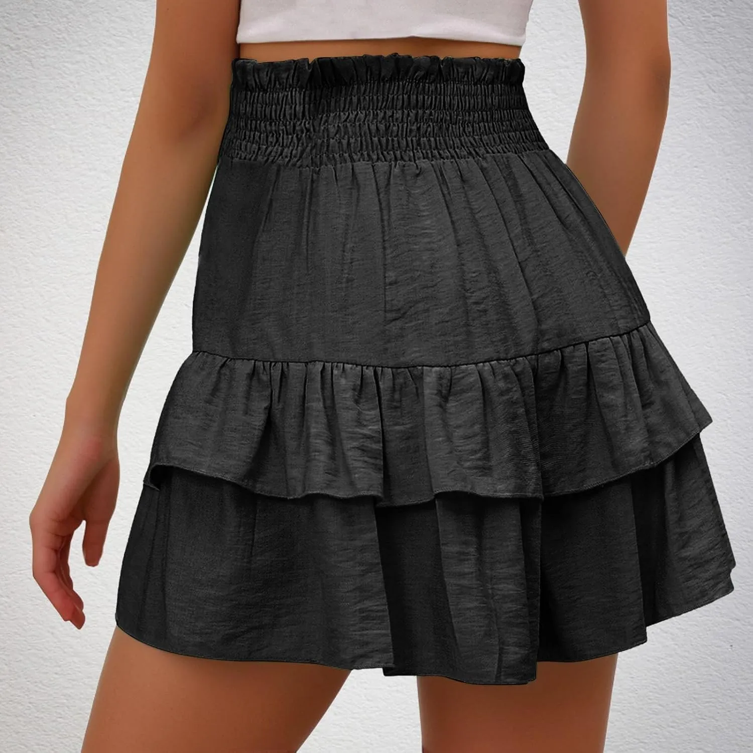 Womens Summer Shorts Ruffle Layered Skirt Elastic High Waisted Shorts Flared Pleated Hem Pants Fashion Outfits