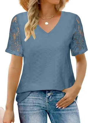 Womens Summer Tops Trendy White Lace Short Sleeve T Shirts Casual Loose Textured Tunic Blouses Fashion Clothes 2024