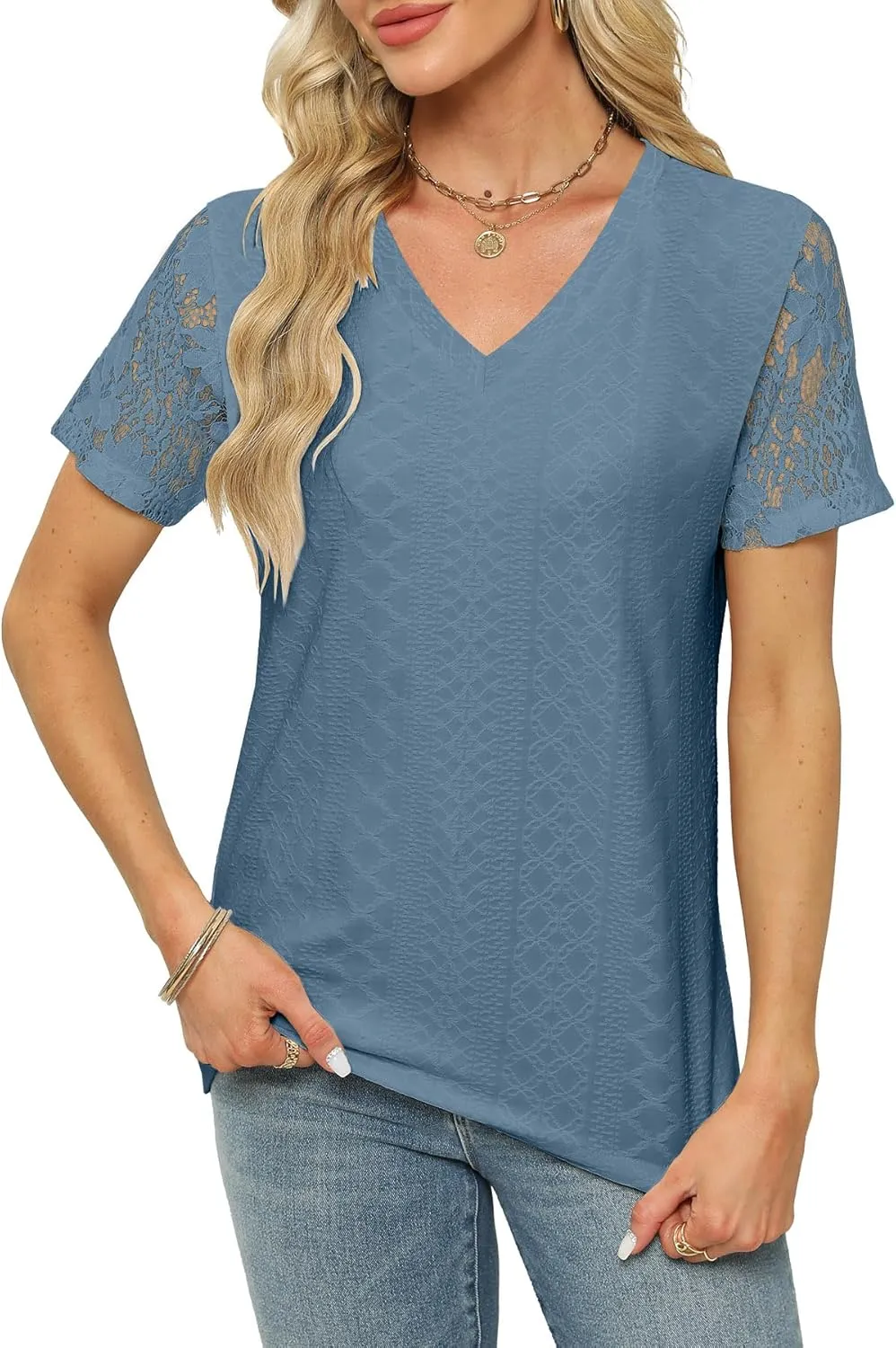 Womens Summer Tops Trendy White Lace Short Sleeve T Shirts Casual Loose Textured Tunic Blouses Fashion Clothes 2024