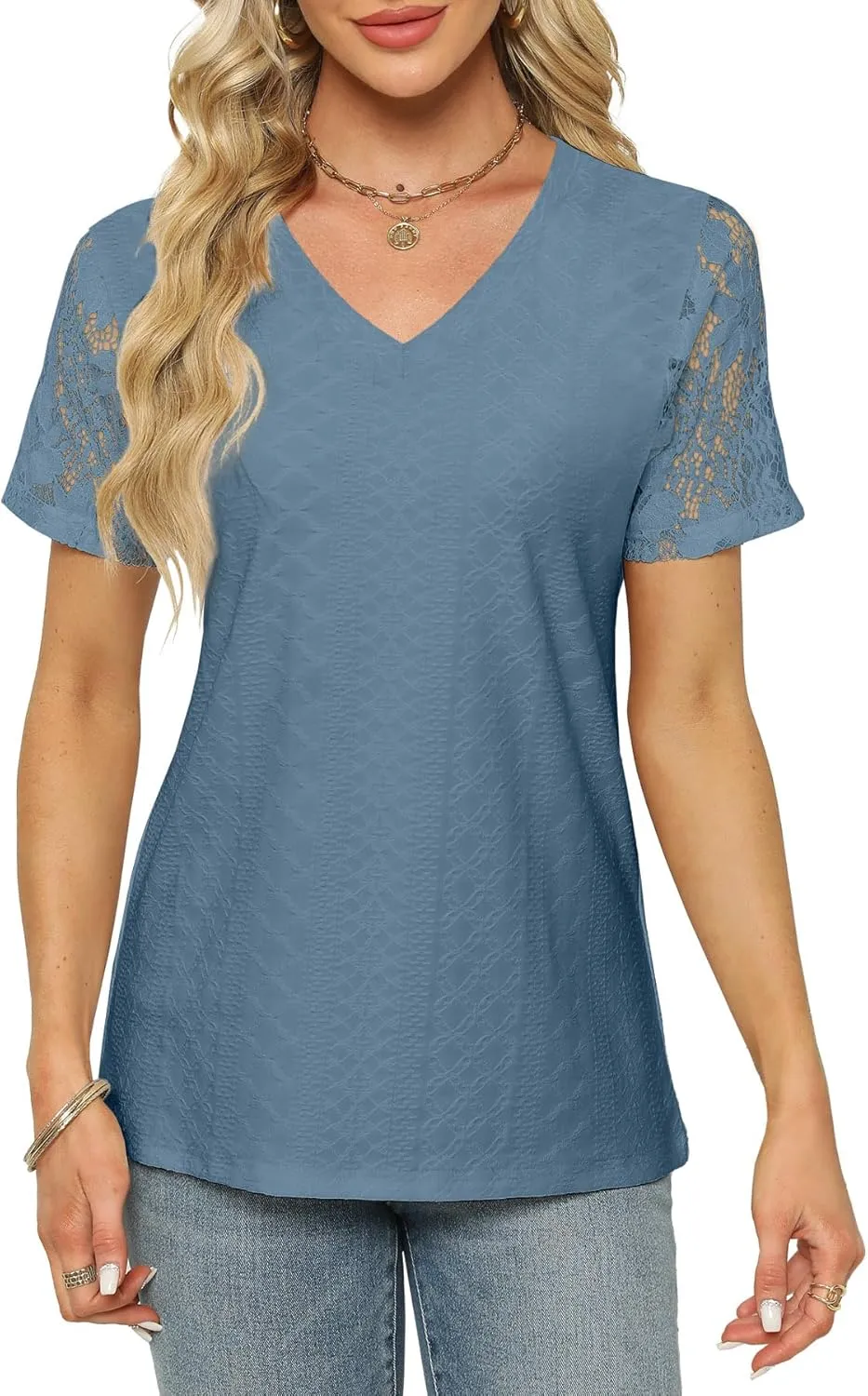 Womens Summer Tops Trendy White Lace Short Sleeve T Shirts Casual Loose Textured Tunic Blouses Fashion Clothes 2024