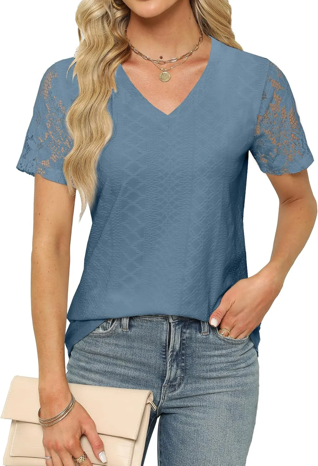 Womens Summer Tops Trendy White Lace Short Sleeve T Shirts Casual Loose Textured Tunic Blouses Fashion Clothes 2024