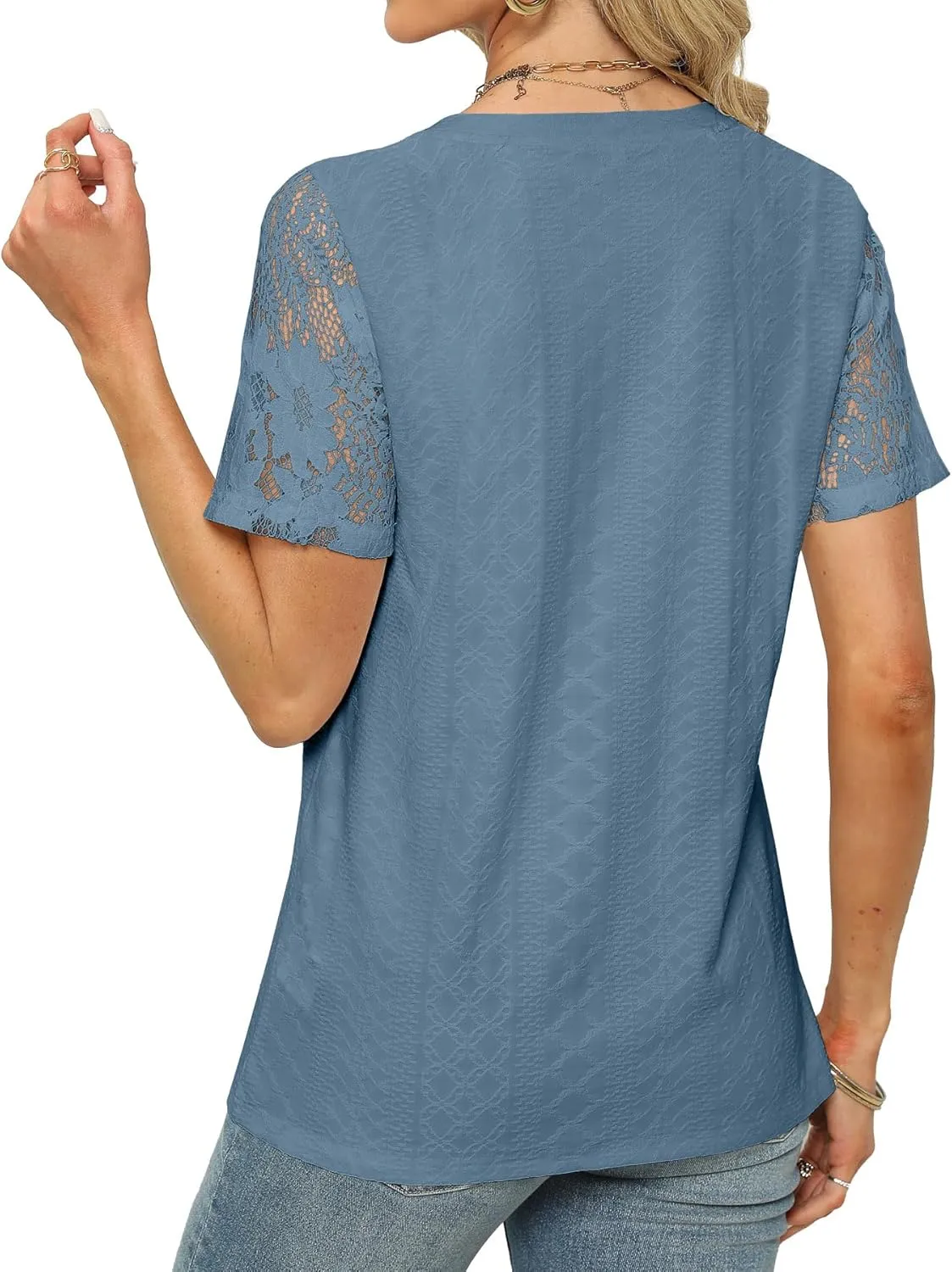 Womens Summer Tops Trendy White Lace Short Sleeve T Shirts Casual Loose Textured Tunic Blouses Fashion Clothes 2024