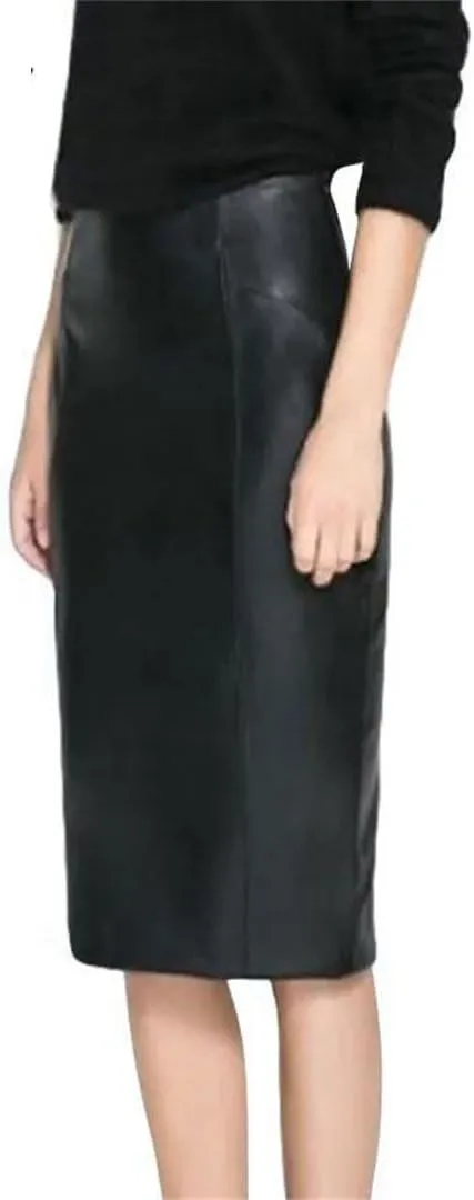 Womens Winter Faux Leather Midi Pencil Skirts High Waist Zipper Back Split PU Leather Bodycon Knee Office Skirt