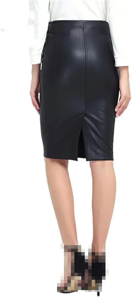 Womens Winter Faux Leather Midi Pencil Skirts High Waist Zipper Back Split PU Leather Bodycon Knee Office Skirt