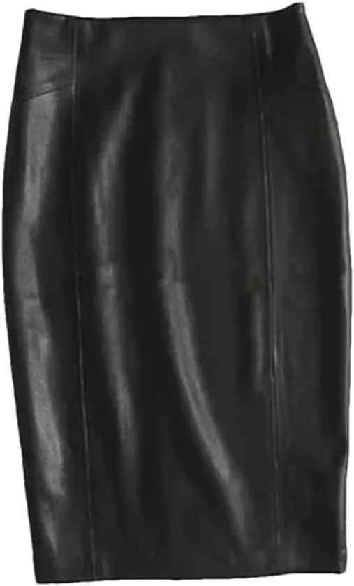 Womens Winter Faux Leather Midi Pencil Skirts High Waist Zipper Back Split PU Leather Bodycon Knee Office Skirt