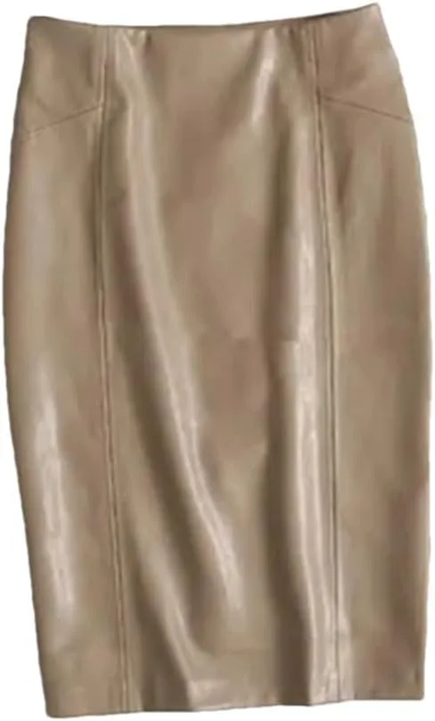 Womens Winter Faux Leather Midi Pencil Skirts High Waist Zipper Back Split PU Leather Bodycon Knee Office Skirt