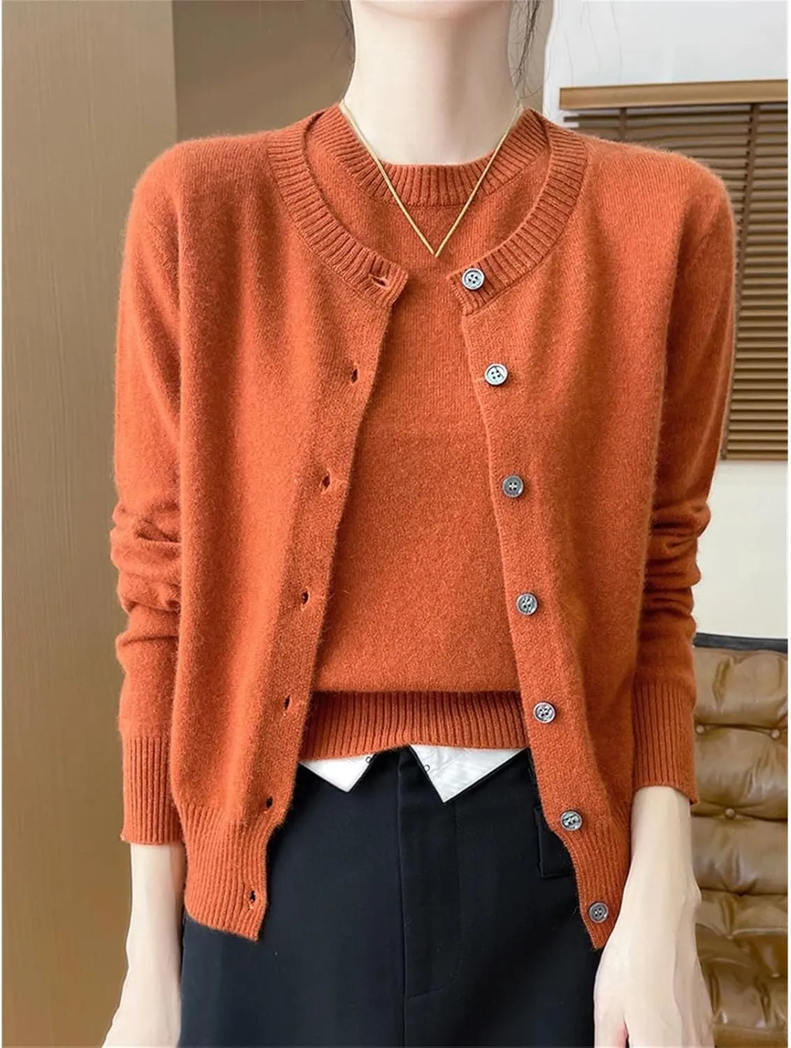 Women's Wool Cardigans Short Sleeve O-Neck Pullovers Cashmere Sweater Twinset Wool Knitwear Chic Tops