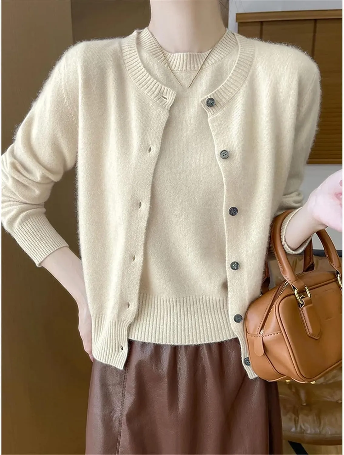 Women's Wool Cardigans Short Sleeve O-Neck Pullovers Cashmere Sweater Twinset Wool Knitwear Chic Tops