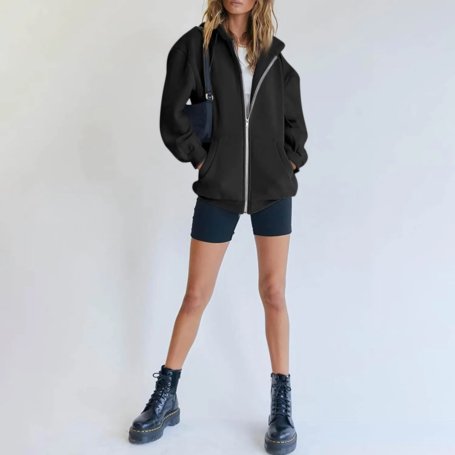 Womens Zip Up Hoodies Long Sleeve Oversized Sweatshirts Fleece Y2K Drawstring Fall Jackets with Pockets Outerwear