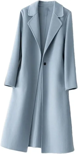 Women's100% Merino Wool Long Trench Coat Reversible Woolen One Button Notch Lapel Handmade Sewing Windbreaker