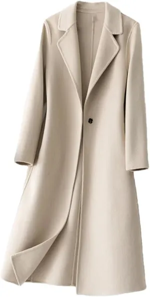Women's100% Merino Wool Long Trench Coat Reversible Woolen One Button Notch Lapel Handmade Sewing Windbreaker