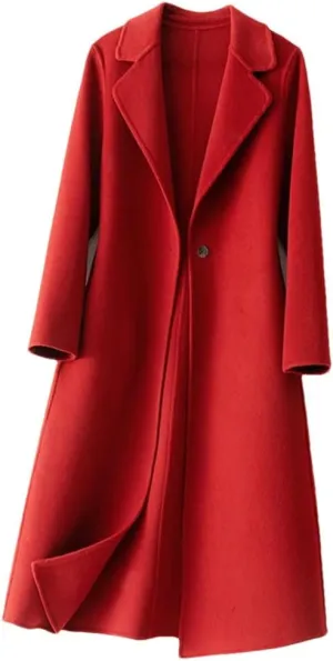 Women's100% Merino Wool Long Trench Coat Reversible Woolen One Button Notch Lapel Handmade Sewing Windbreaker