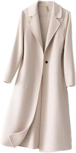 Women's100% Merino Wool Long Trench Coat Reversible Woolen One Button Notch Lapel Handmade Sewing Windbreaker