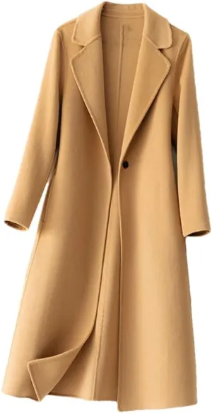 Women's100% Merino Wool Long Trench Coat Reversible Woolen One Button Notch Lapel Handmade Sewing Windbreaker