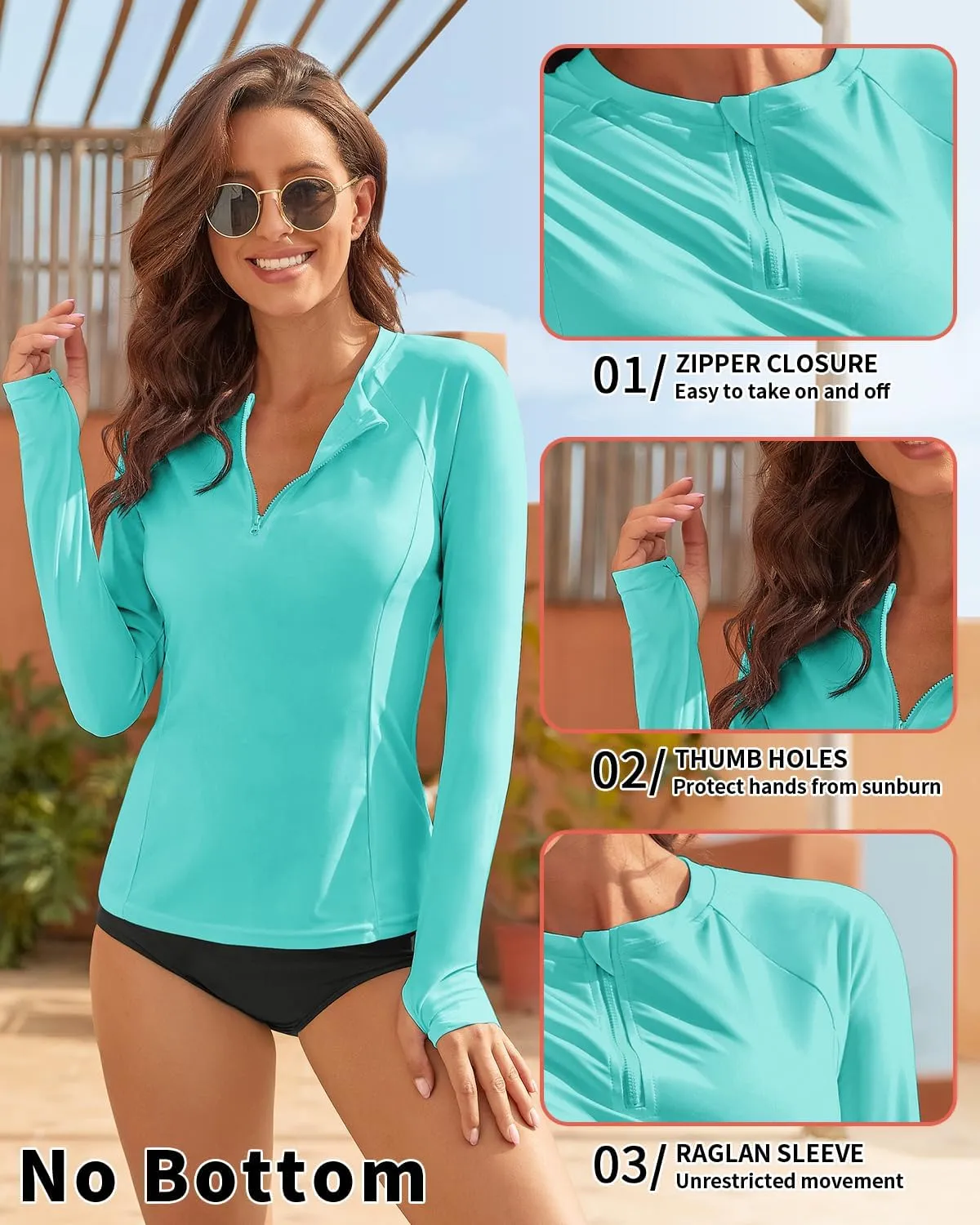 WOWENY Women Rash Guard Long Sleeve UPF 50 Swim Shirts SPF Sun Protection Swimsuit Top No Bottom