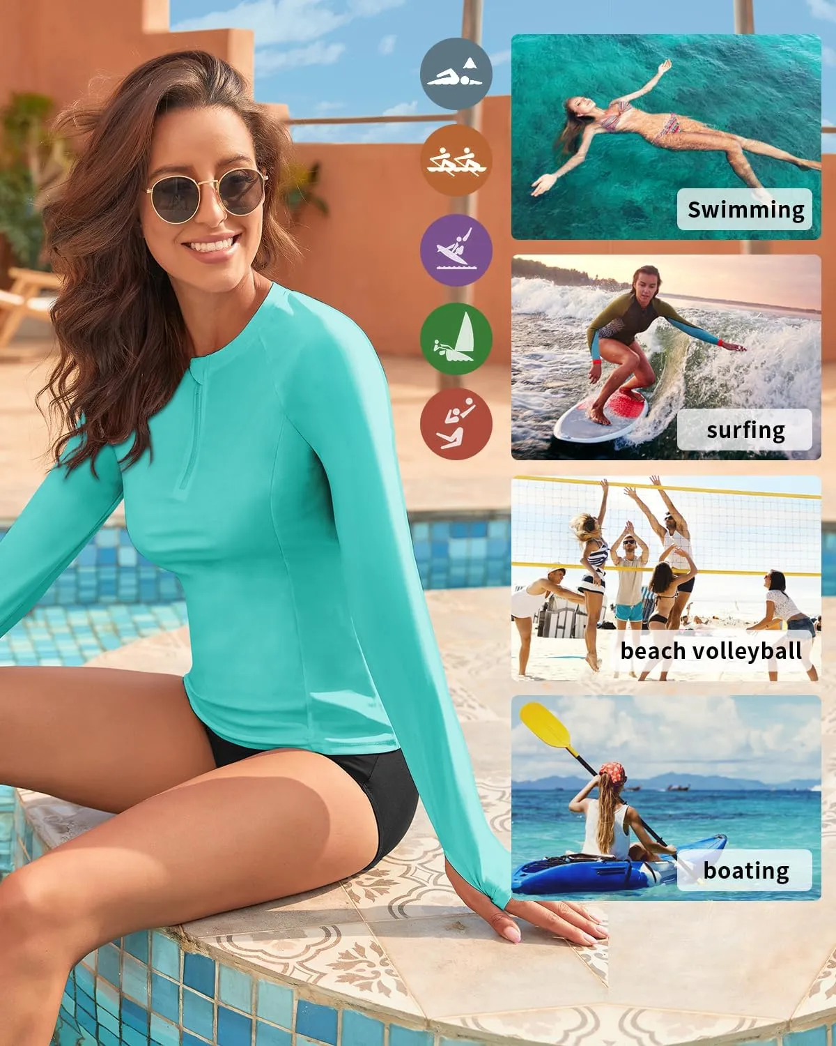 WOWENY Women Rash Guard Long Sleeve UPF 50 Swim Shirts SPF Sun Protection Swimsuit Top No Bottom