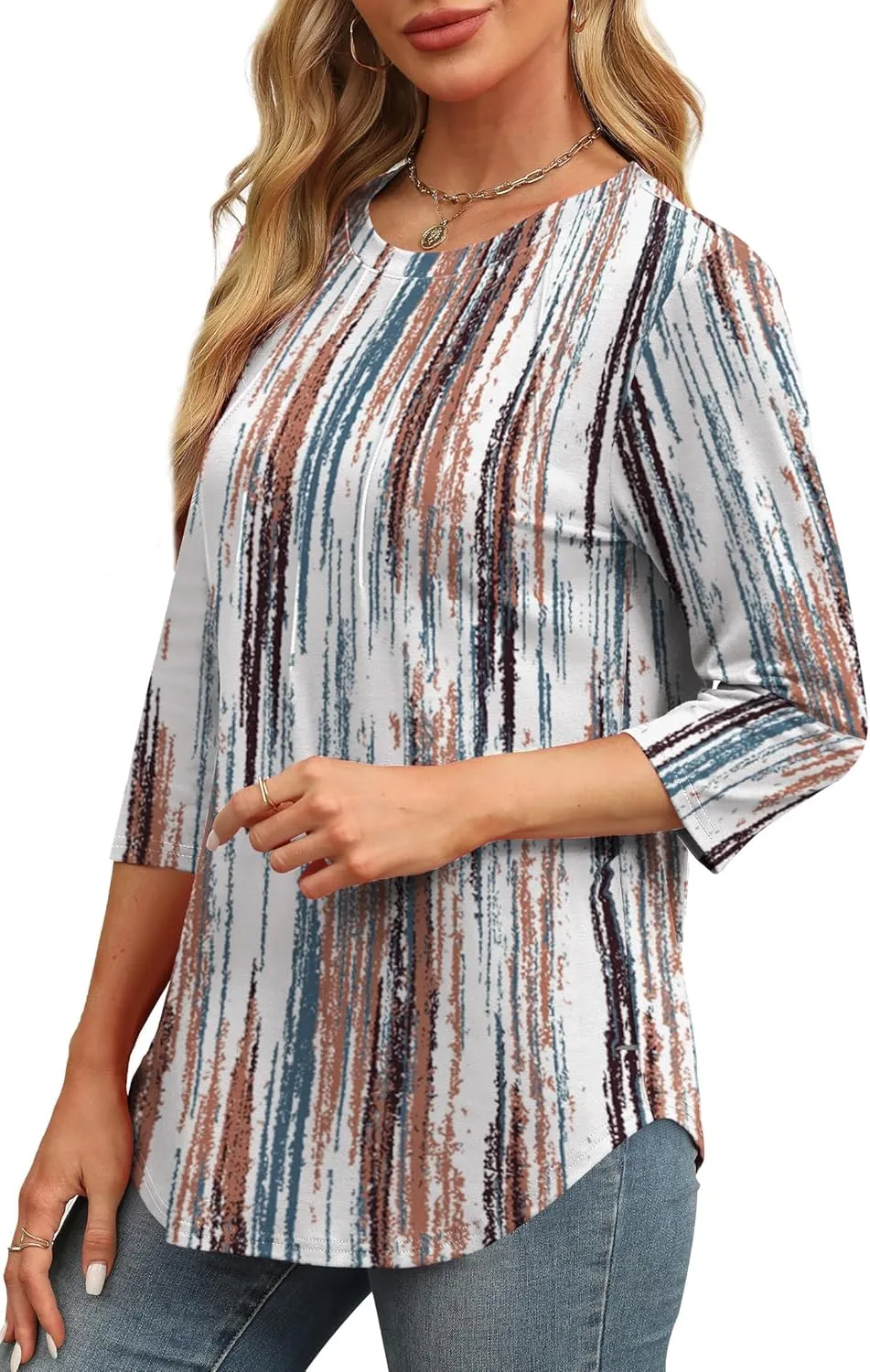 XIEERDUO 3/4 Length Sleeve Womens Tops Round Neck Casual Tunic Tops Basic Pleated Shirts Loose Fit 2025