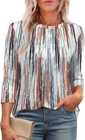 XIEERDUO 3/4 Length Sleeve Womens Tops Round Neck Casual Tunic Tops Basic Pleated Shirts Loose Fit 2025