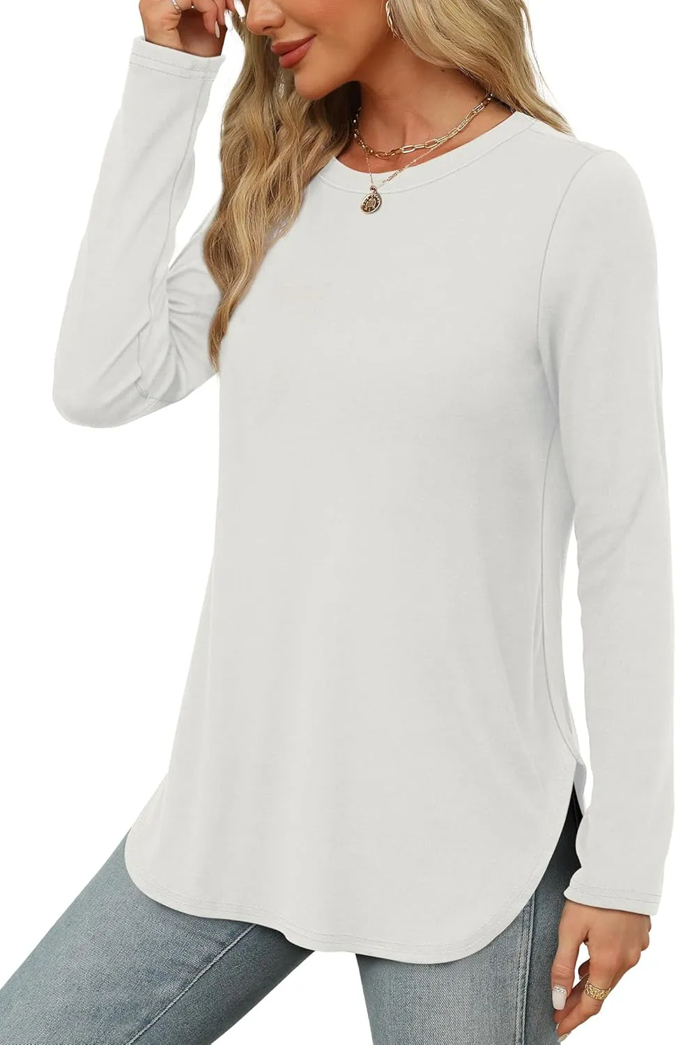 XIEERDUO Womens Long Sleeve Round Neck Shirts Side Split Basic Loose Tunic Tops Casual 2025