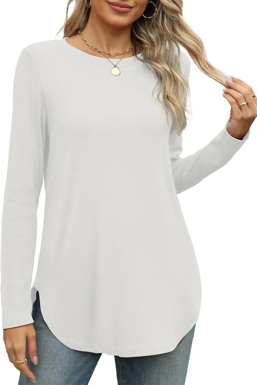 XIEERDUO Womens Long Sleeve Round Neck Shirts Side Split Basic Loose Tunic Tops Casual 2025