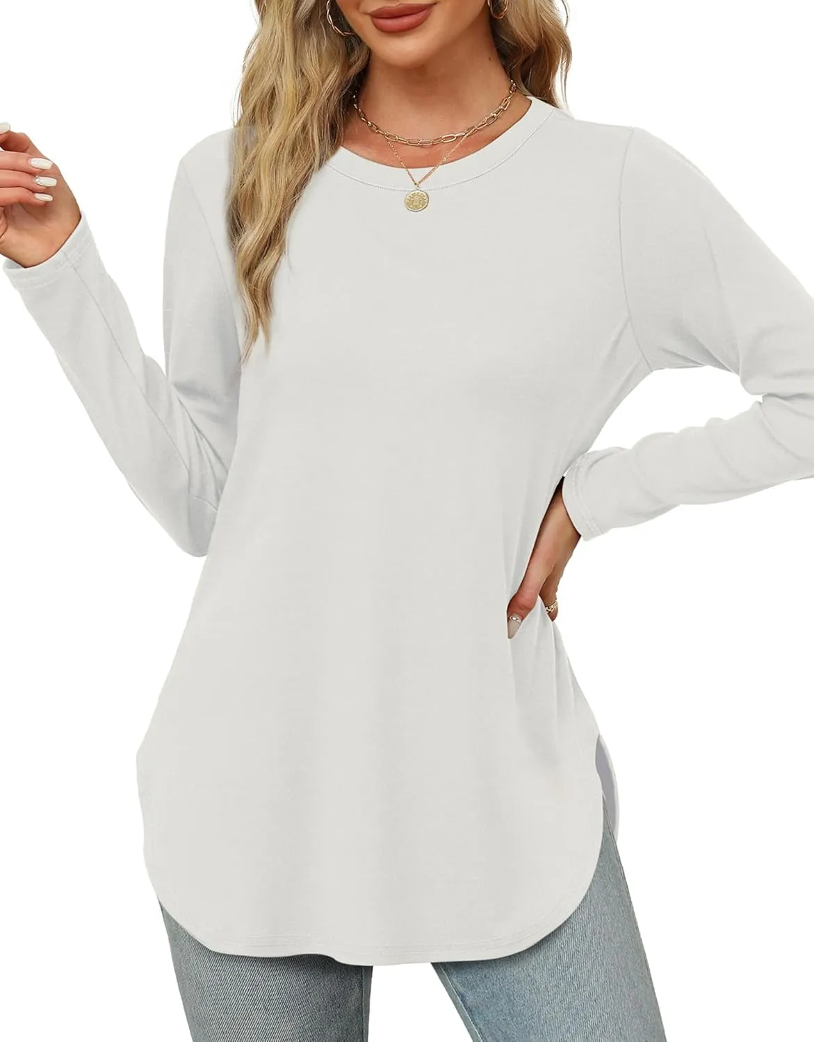 XIEERDUO Womens Long Sleeve Round Neck Shirts Side Split Basic Loose Tunic Tops Casual 2025