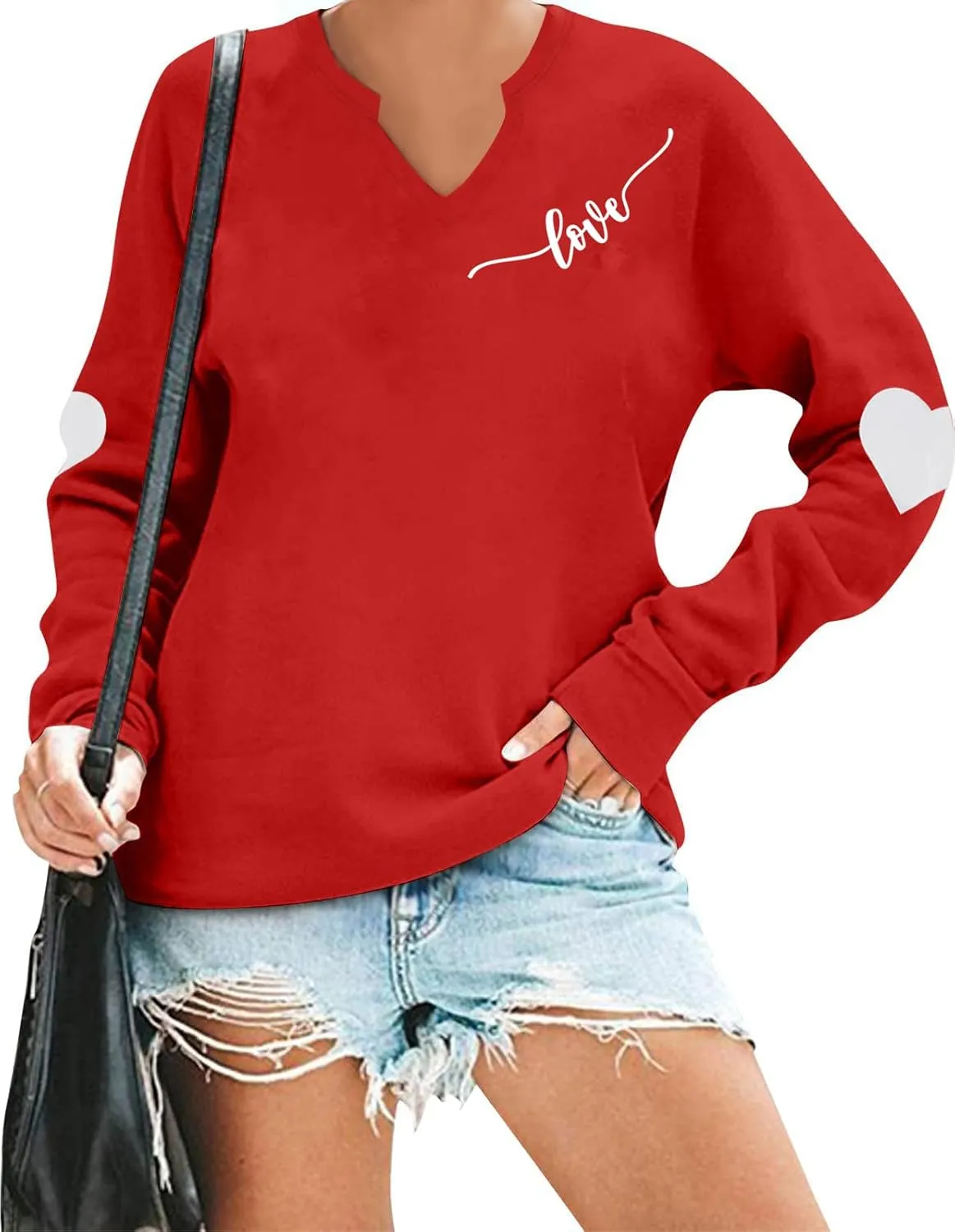 Ymoshoe Women V-Neck Valentine Sweatshirt Love Heart Elbow Patch Shirts Gift for Her