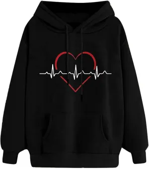 YRAETENM Heart Graphic Hoodies for Women casual Long Sleeve drawstring Pullover Tops oversized comfy sweatshirts with Pocket