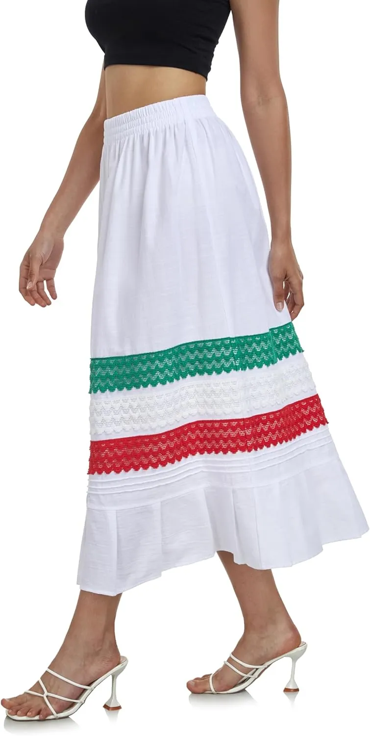YZXDORWJ Mexican Skirt for Women Fiesta Theme Party Skirt Maxi Lace Traditional Dannce Dress Cinco de Mayo Skirt