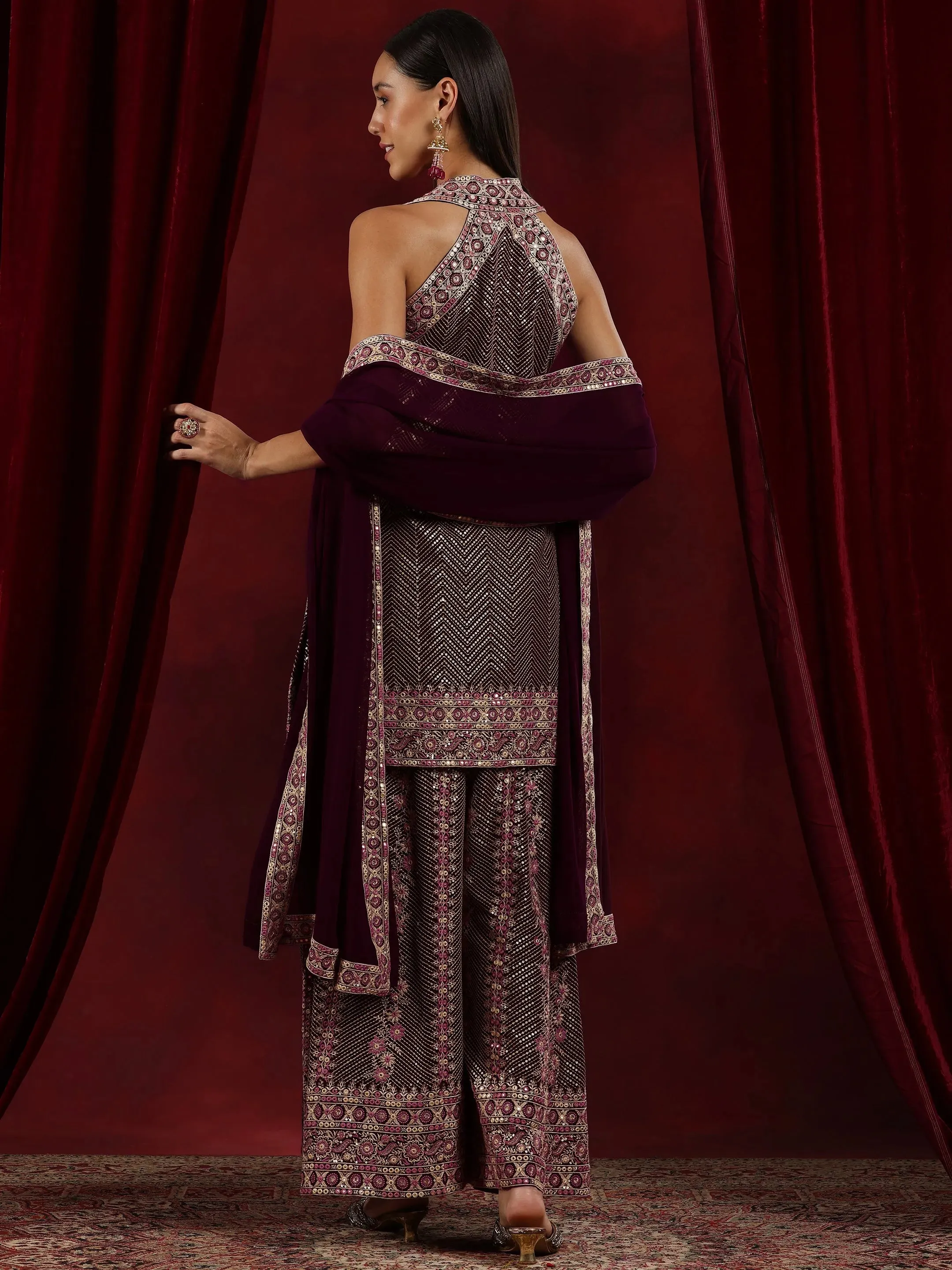 Zarina Libas Art Wine Embroidered Georgette Straight Suit With Dupatta