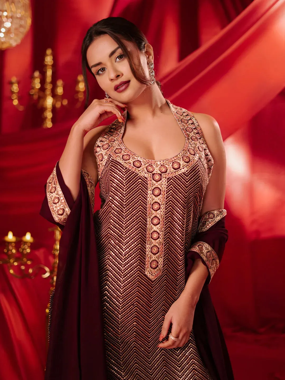 Zarina Libas Art Wine Embroidered Georgette Straight Suit With Dupatta