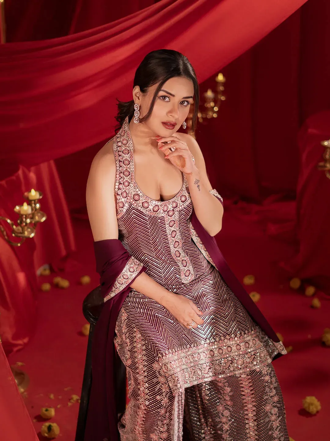 Zarina Libas Art Wine Embroidered Georgette Straight Suit With Dupatta