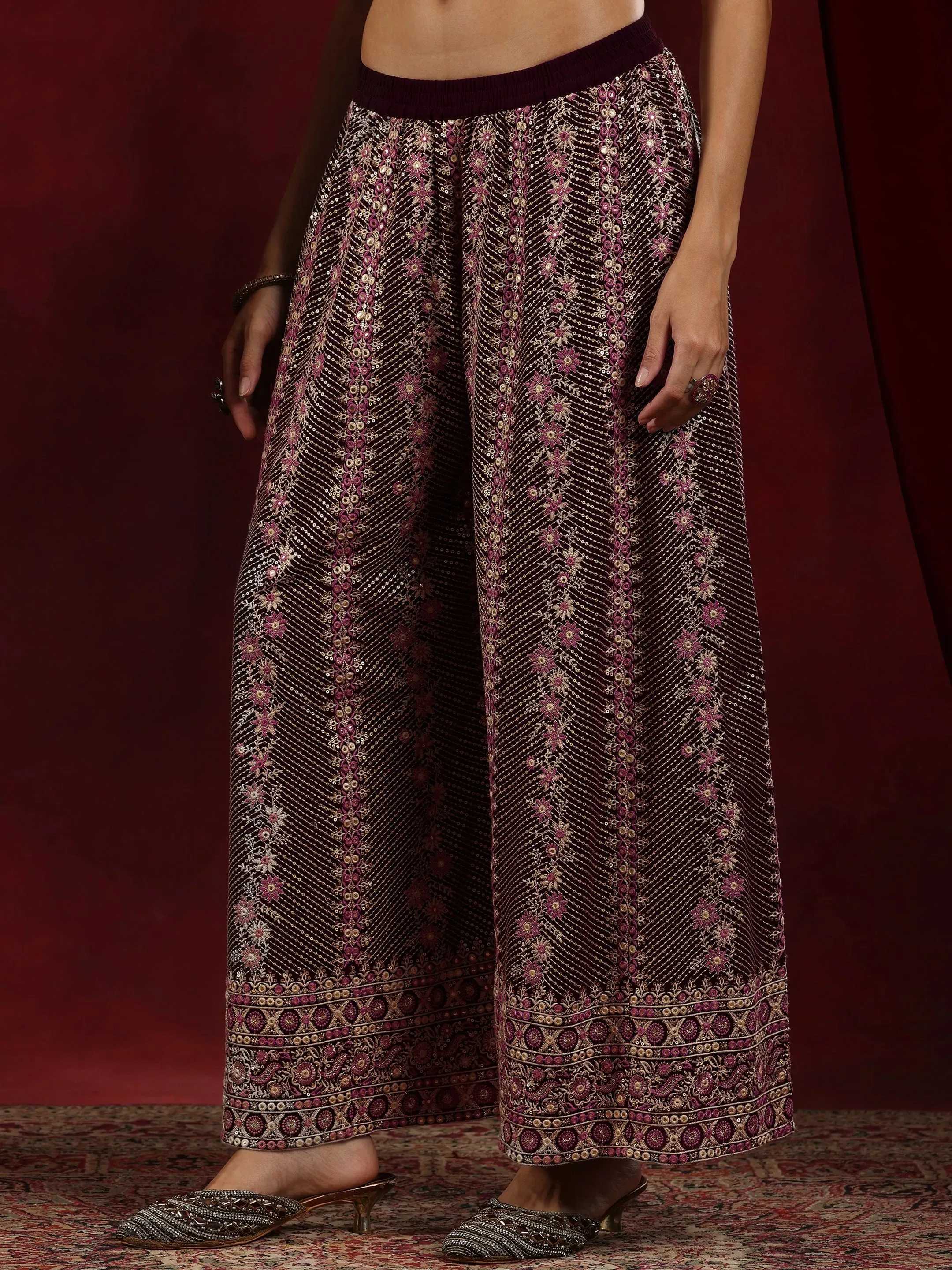 Zarina Libas Art Wine Embroidered Georgette Straight Suit With Dupatta