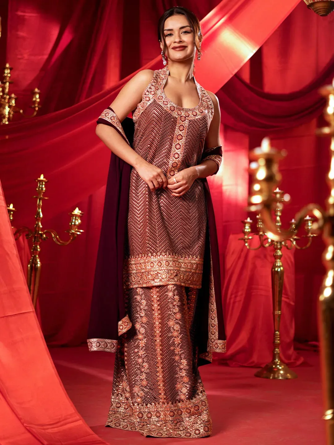 Zarina Libas Art Wine Embroidered Georgette Straight Suit With Dupatta