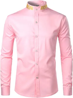 ZEROYAA Mens Hipster Gold Embroidery Mandarin Collar Slim Fit Long Sleeve Casual Dress Shirts