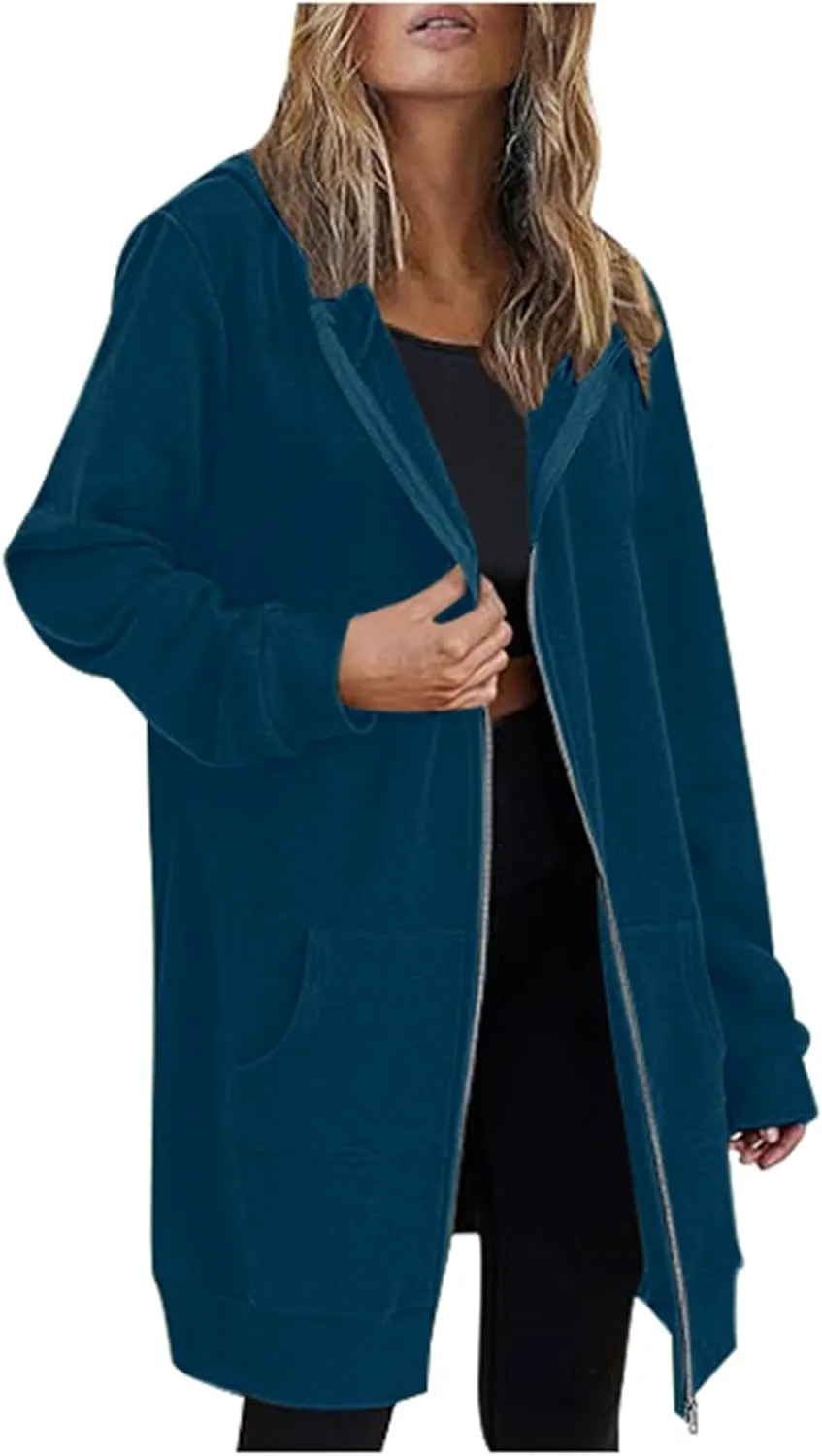 Zip Up Long Hoodies Womens Fleece Long Sleeve Oversized Jacket Fall Lightweight Tunic Hooded Sweatshirt with Pockets
