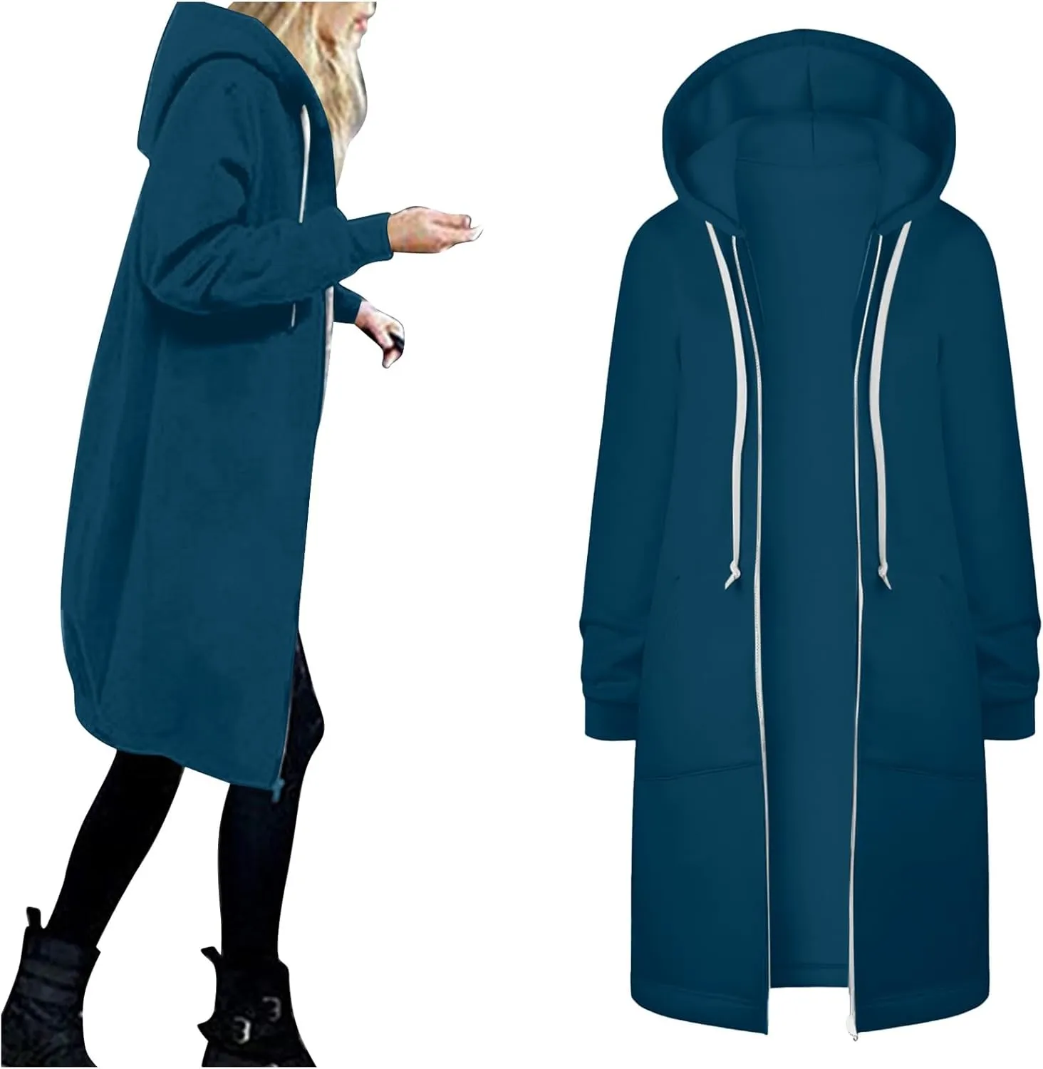 Zip Up Long Hoodies Womens Fleece Long Sleeve Oversized Jacket Fall Lightweight Tunic Hooded Sweatshirt with Pockets