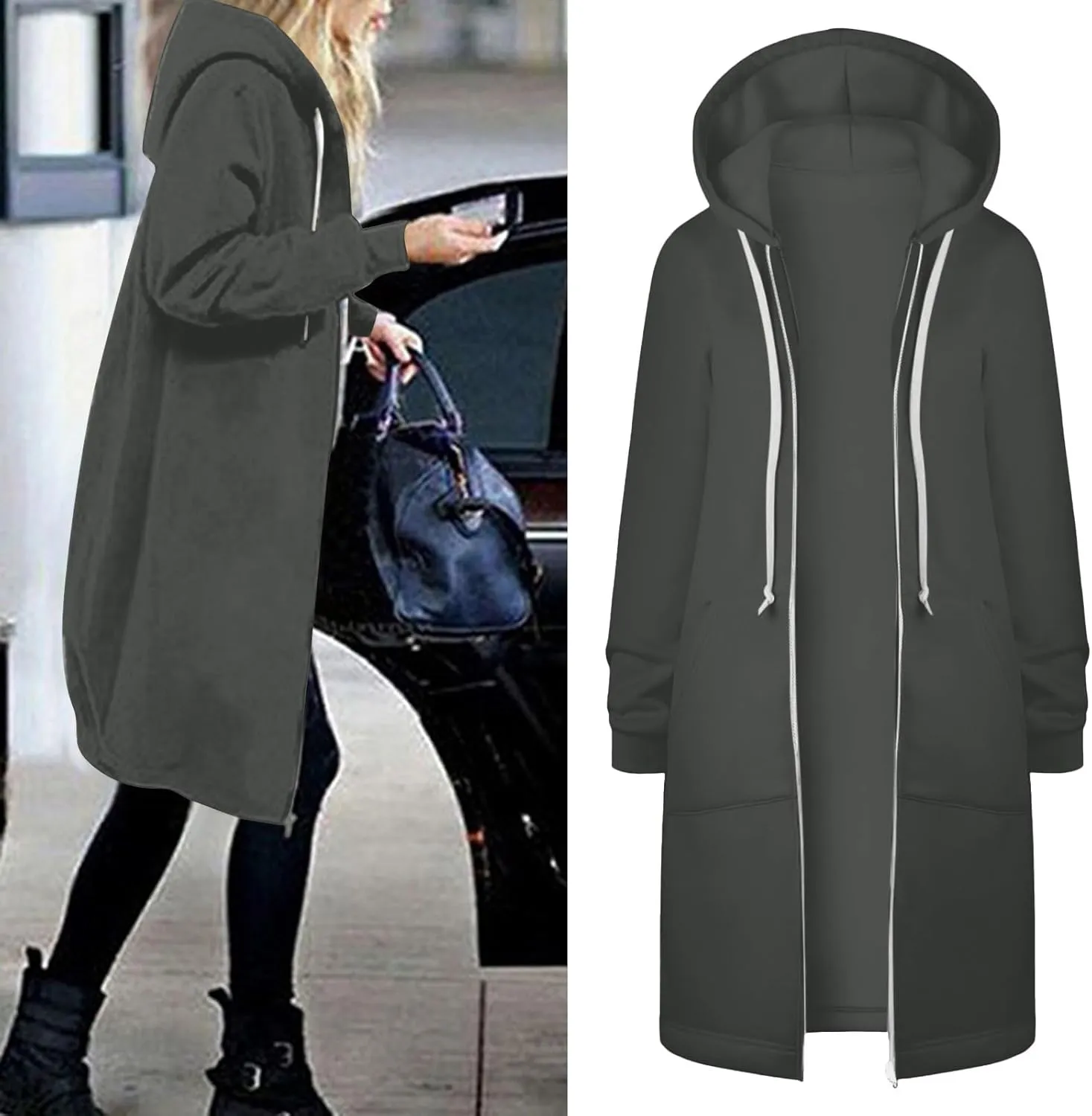 Zip Up Long Hoodies Womens Fleece Long Sleeve Oversized Jacket Fall Lightweight Tunic Hooded Sweatshirt with Pockets