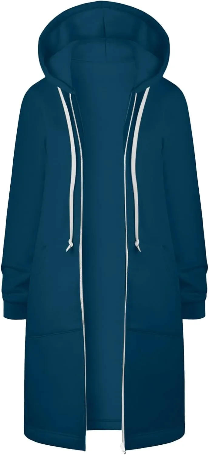 Zip Up Long Hoodies Womens Fleece Long Sleeve Oversized Jacket Fall Lightweight Tunic Hooded Sweatshirt with Pockets