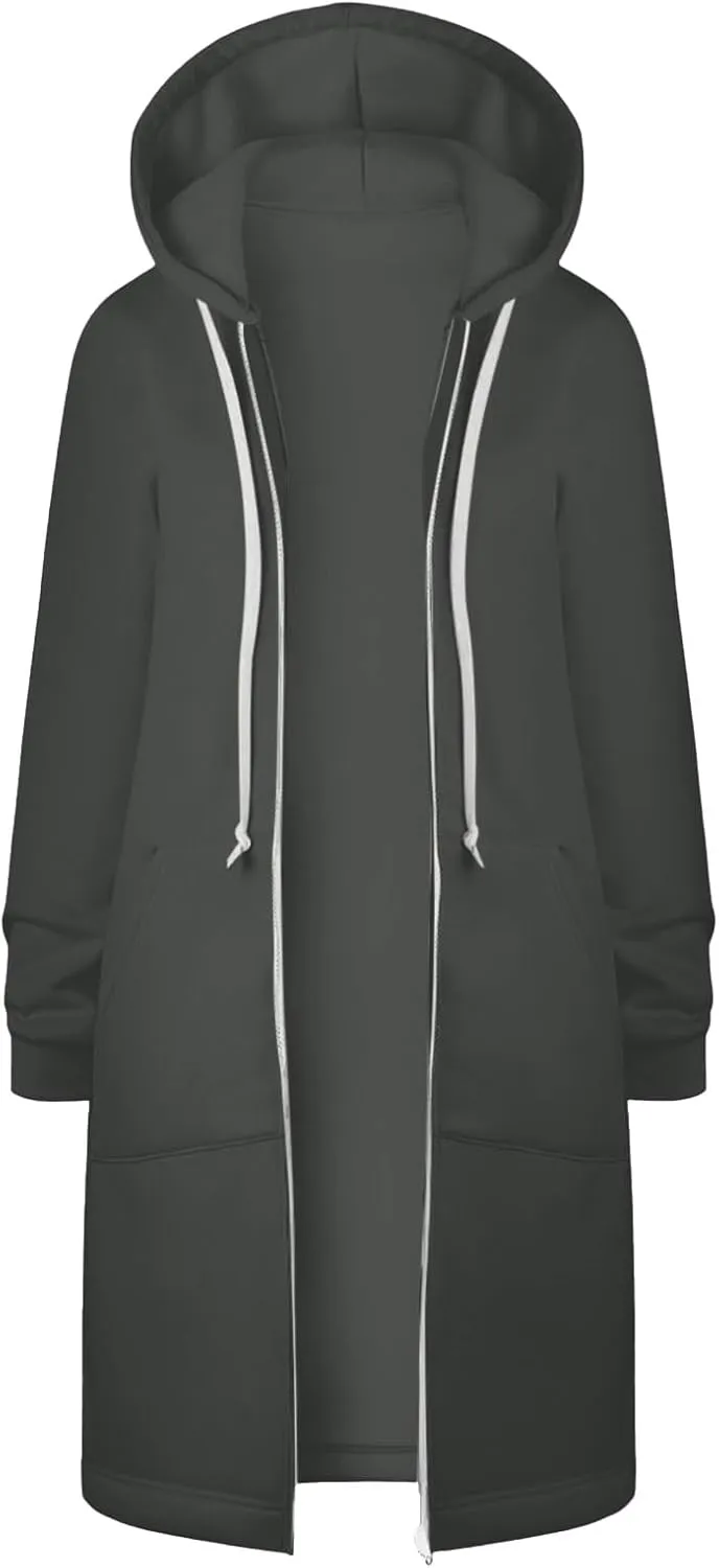 Zip Up Long Hoodies Womens Fleece Long Sleeve Oversized Jacket Fall Lightweight Tunic Hooded Sweatshirt with Pockets