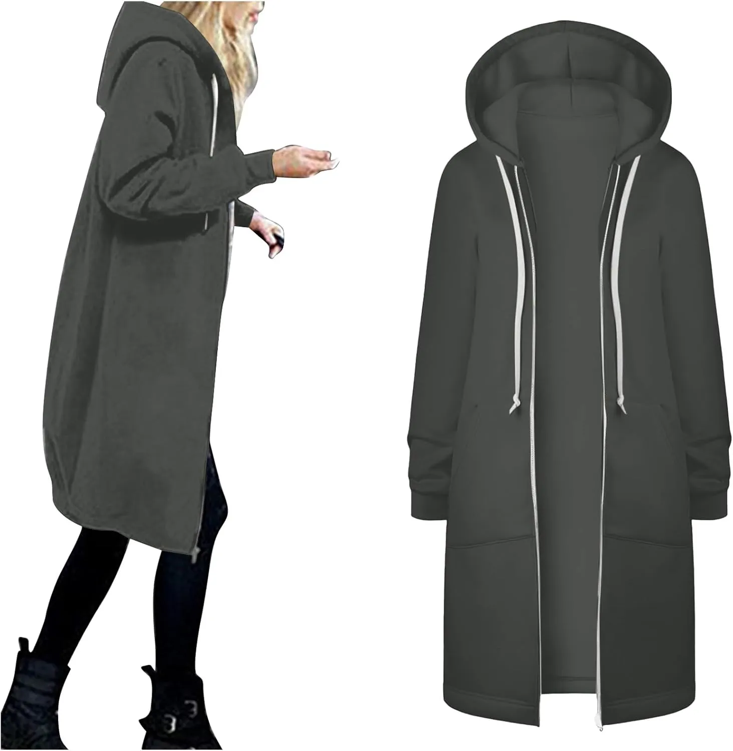 Zip Up Long Hoodies Womens Fleece Long Sleeve Oversized Jacket Fall Lightweight Tunic Hooded Sweatshirt with Pockets