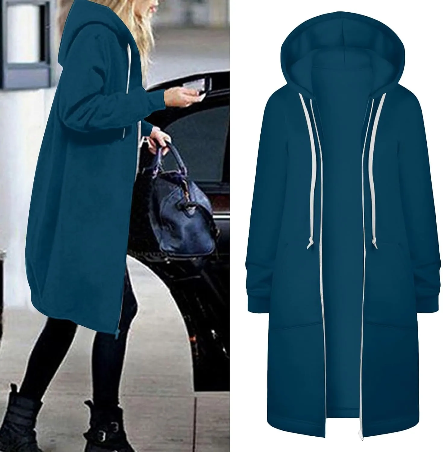 Zip Up Long Hoodies Womens Fleece Long Sleeve Oversized Jacket Fall Lightweight Tunic Hooded Sweatshirt with Pockets