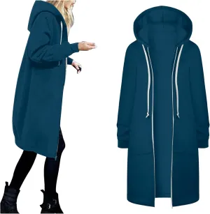 Zip Up Long Hoodies Womens Fleece Long Sleeve Oversized Jacket Fall Lightweight Tunic Hooded Sweatshirt with Pockets